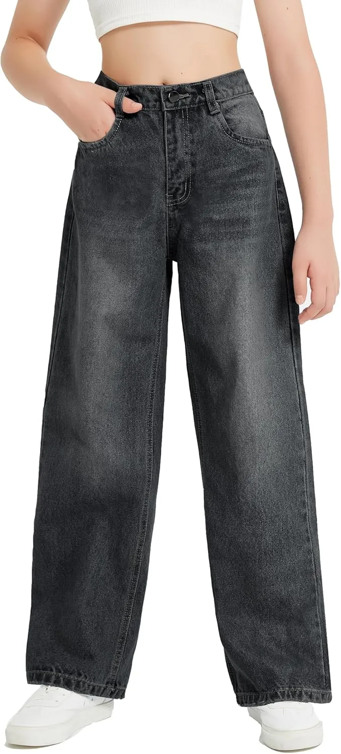 EXARUS Girls Jeans Wide Leg Cute Baggy Teen Denim Pants Mid Rise Elastic Band with Pockets Casual