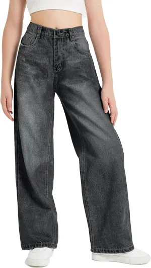 EXARUS Girls Jeans Wide Leg Cute Baggy Teen Denim Pants Mid Rise Elastic Band with Pockets Casual