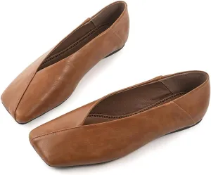 Fandimeier Women's Leather Ballet Flats Squared Toe Comfortable Dressy Slip On Walking Shoes for Casual Work