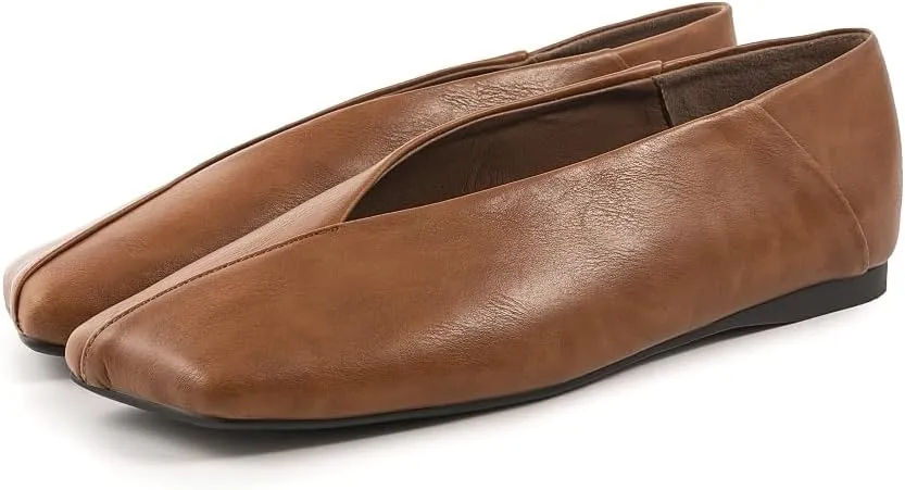Fandimeier Women's Leather Ballet Flats Squared Toe Comfortable Dressy Slip On Walking Shoes for Casual Work