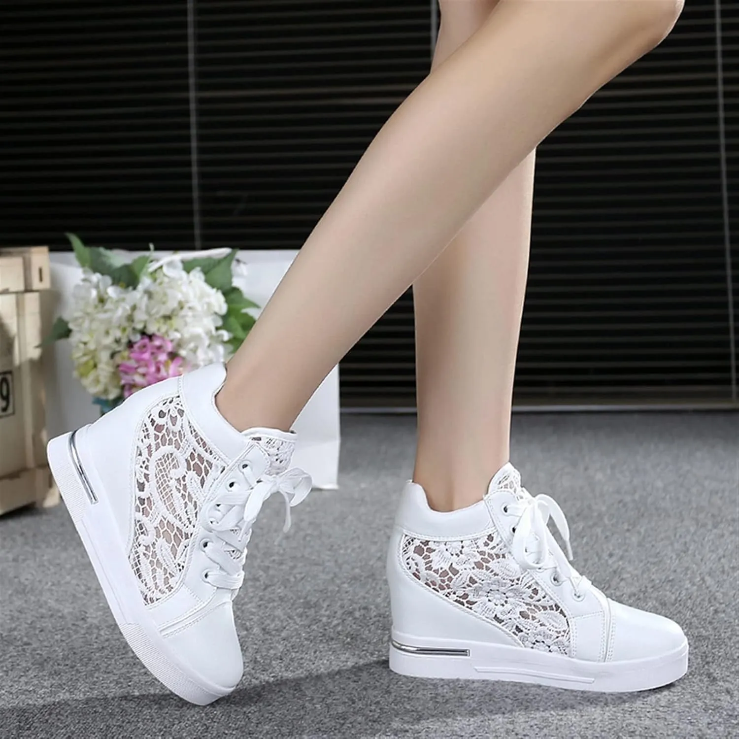 Fashion Sneakers Platform Wedges Casual Shoes Invisible Height Increase Shoes Fashion Sneakers Wedding Bride Fashion Shoes (Color : White, Shoe Size : 5)