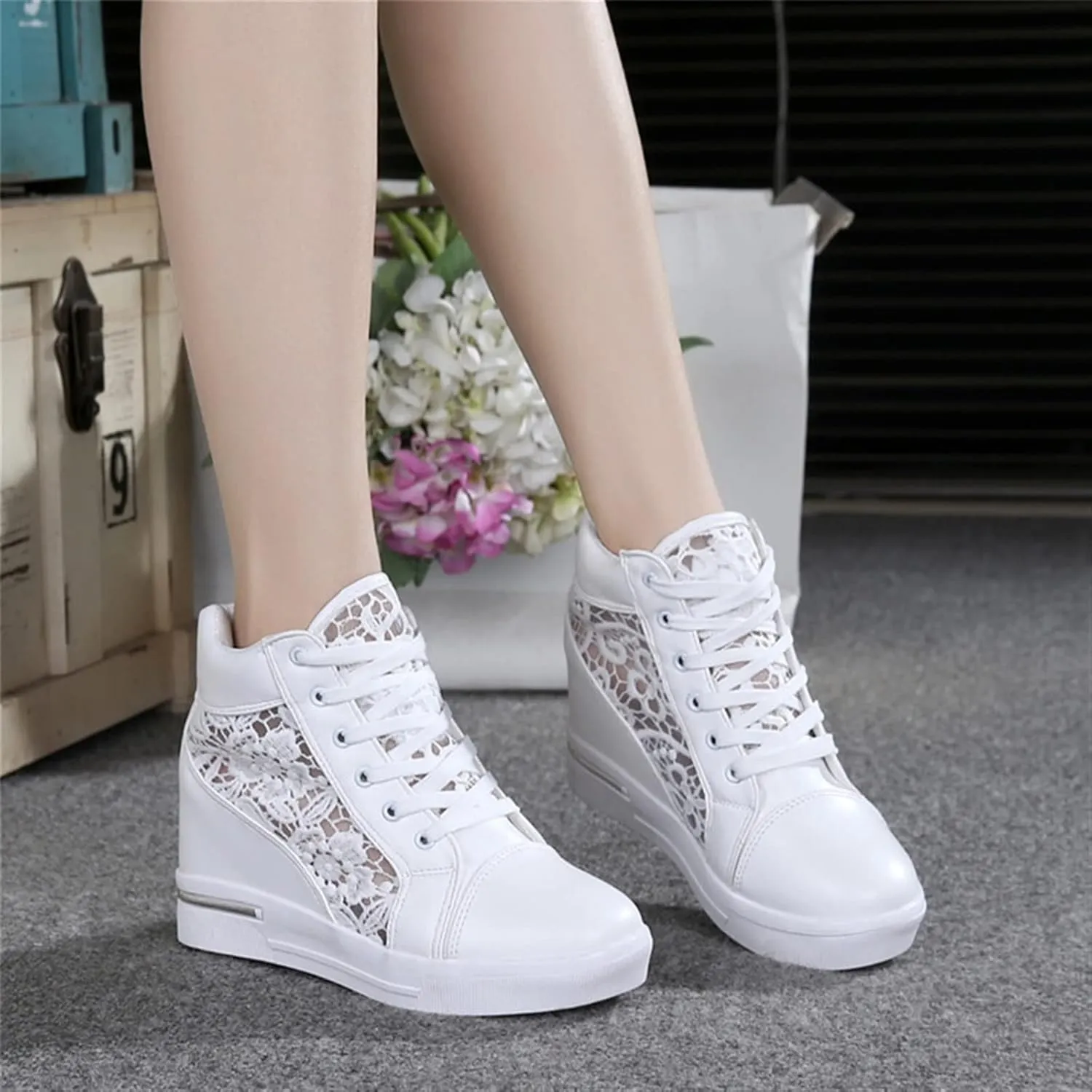 Fashion Sneakers Platform Wedges Casual Shoes Invisible Height Increase Shoes Fashion Sneakers Wedding Bride Fashion Shoes (Color : White, Shoe Size : 5)
