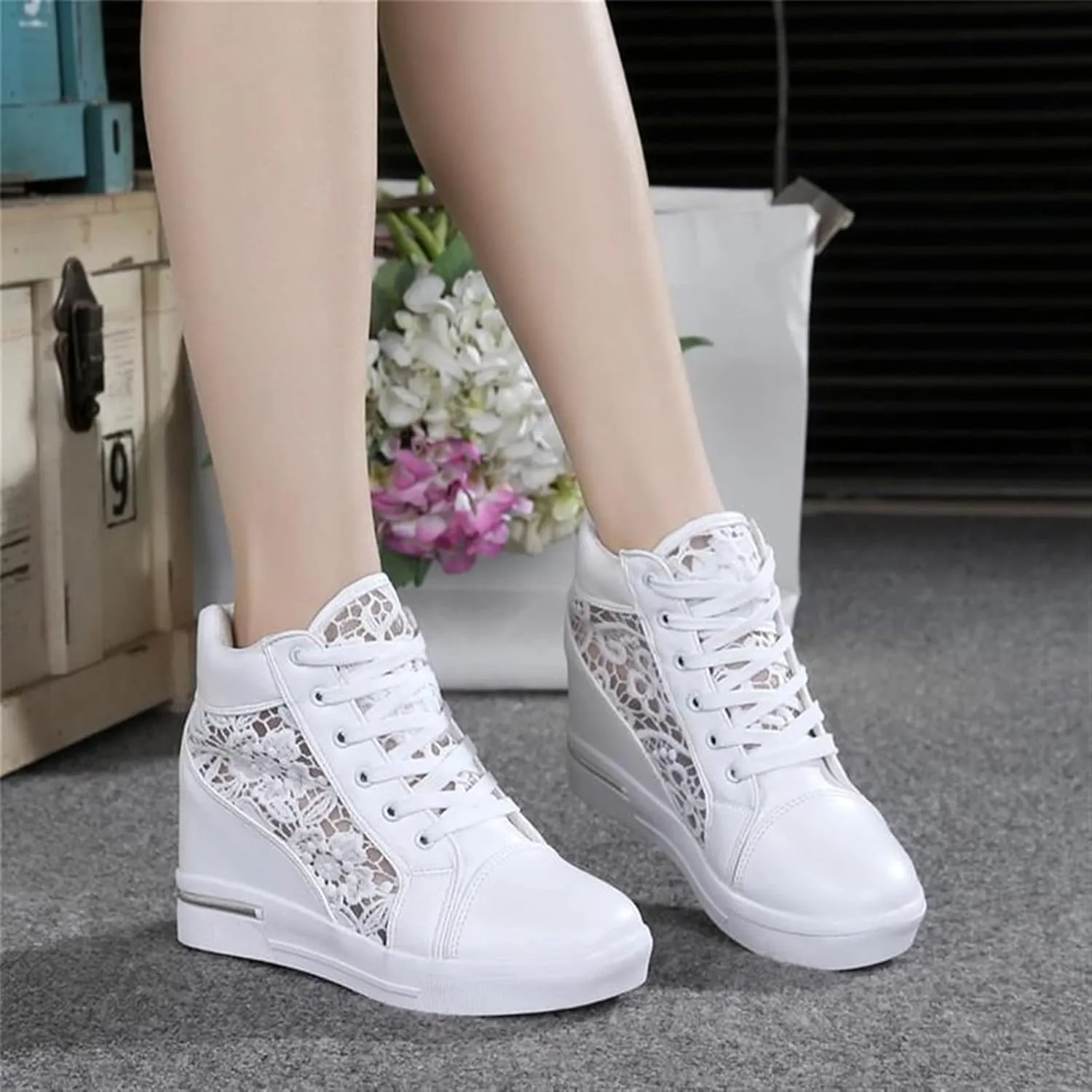 Fashion Sneakers Platform Wedges Casual Shoes Invisible Height Increase Shoes Fashion Sneakers Wedding Bride Fashion Shoes (Color : White, Shoe Size : 5)