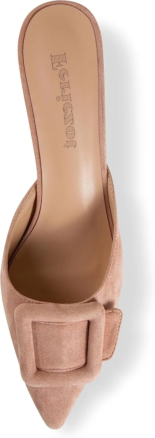 Fericzot Mule Slippers for Women,Slingback Buckle Pumps Pointed Toe Kitten Heels Shoes Slides Backless Dress Sandals