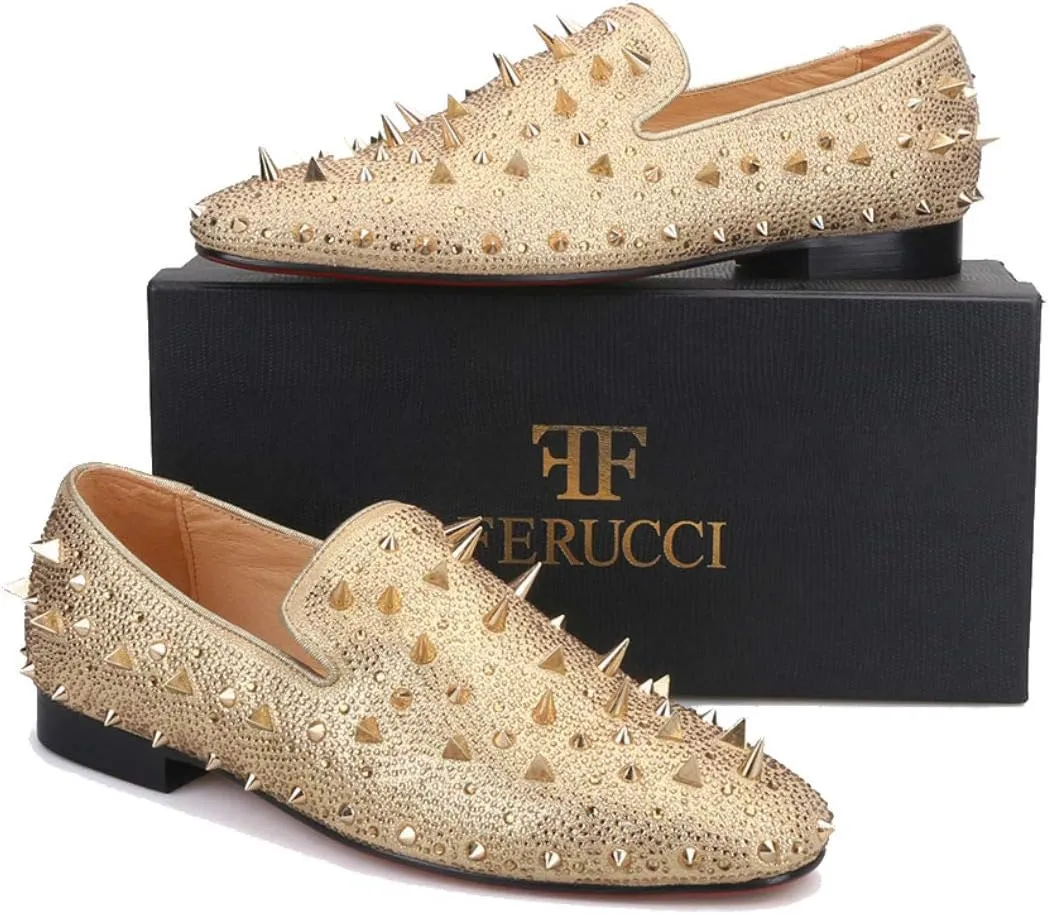 FERUCCI Men Gold Spikes Slippers Loafers Flat with Crystal GZ Rhinestone