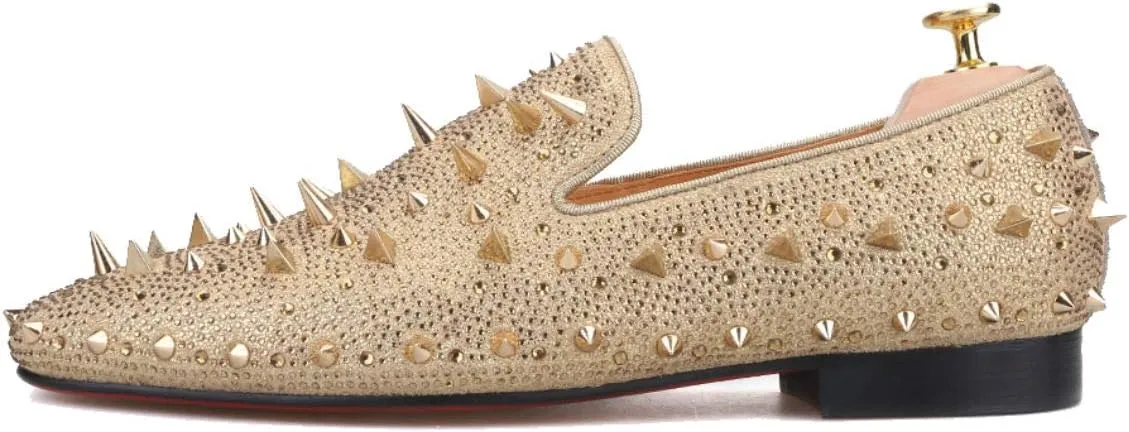 FERUCCI Men Gold Spikes Slippers Loafers Flat with Crystal GZ Rhinestone