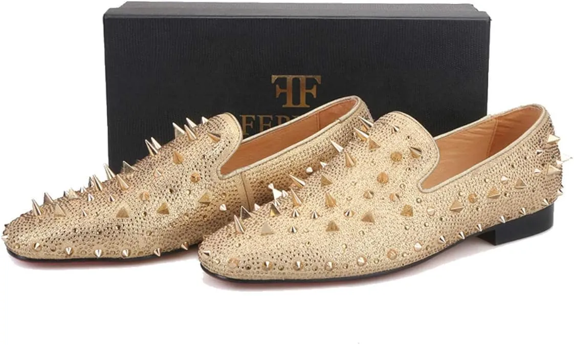FERUCCI Men Gold Spikes Slippers Loafers Flat with Crystal GZ Rhinestone
