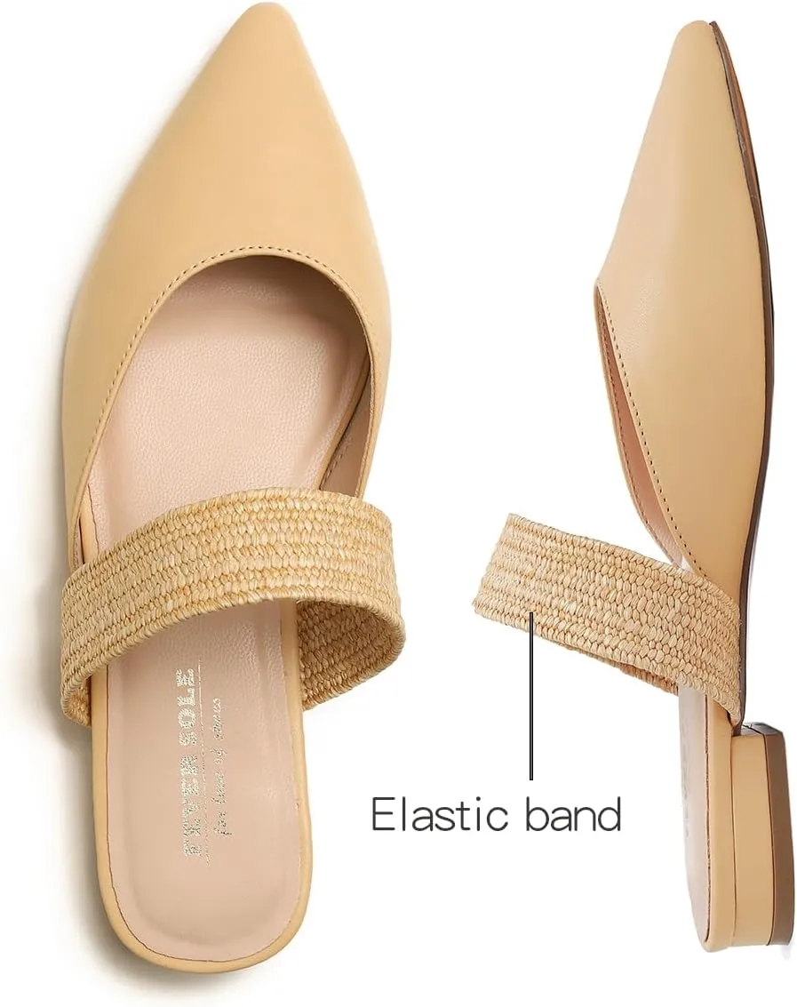 FEVERSOLE Women's Pointed Toe Fashion Mules Low Heel Flats Casual Summer Slide