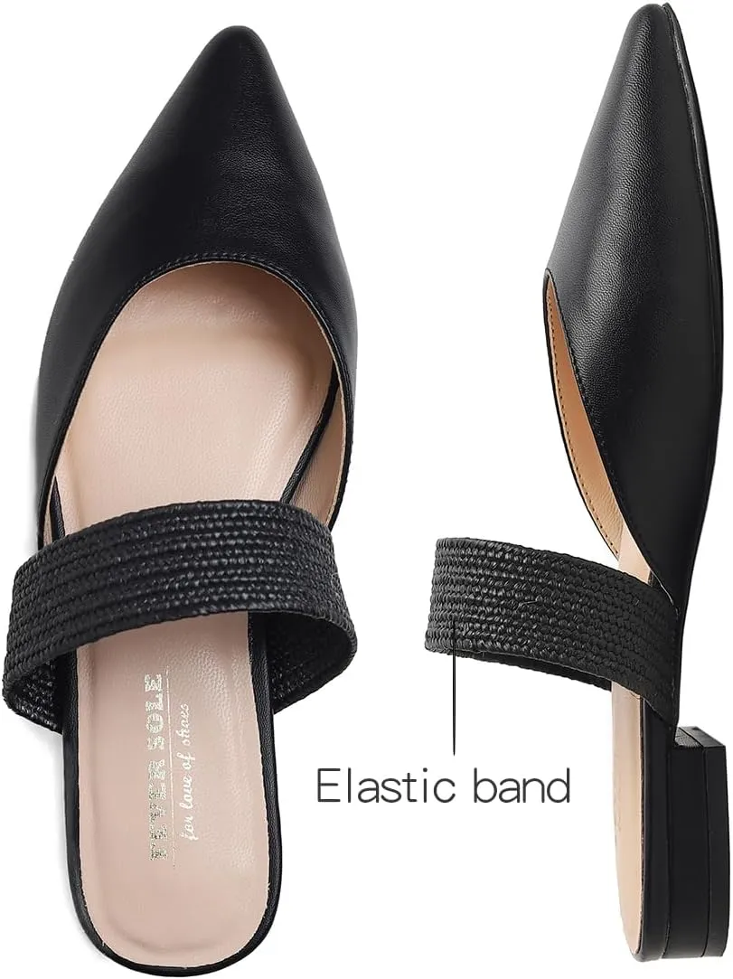FEVERSOLE Women's Pointed Toe Fashion Mules Low Heel Flats Casual Summer Slide