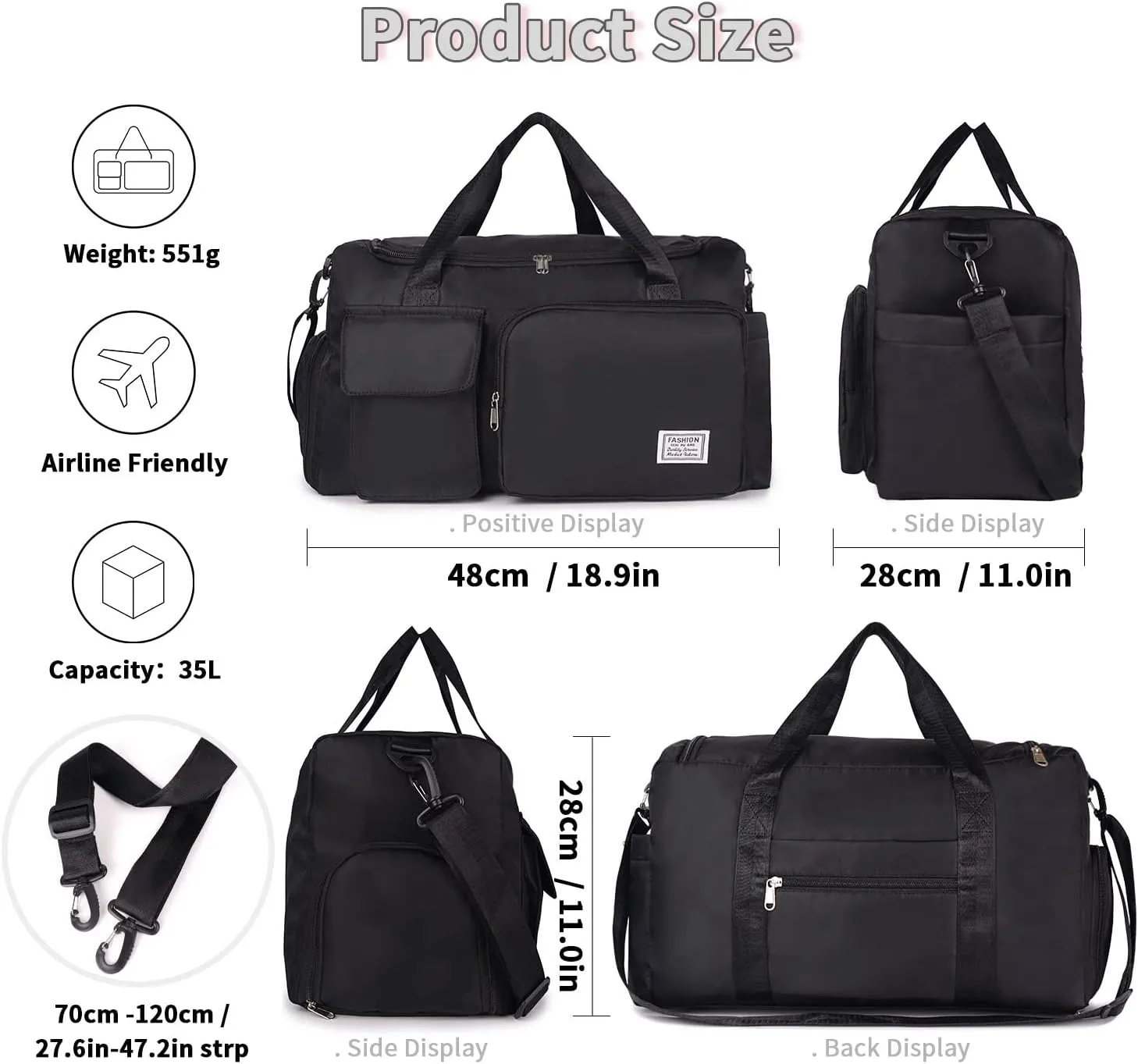 FIORETTO Women's Gym Duffle Bag with Shoes Compartment, 37L Capacity, Ideal for Travel, Gym, Sports, Duffel, Weekender