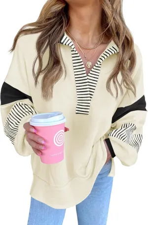 Fisoew Womens Color Block Oversized Sweatshirt V Neck Long Sleeve Casual Loose Pullover Tops