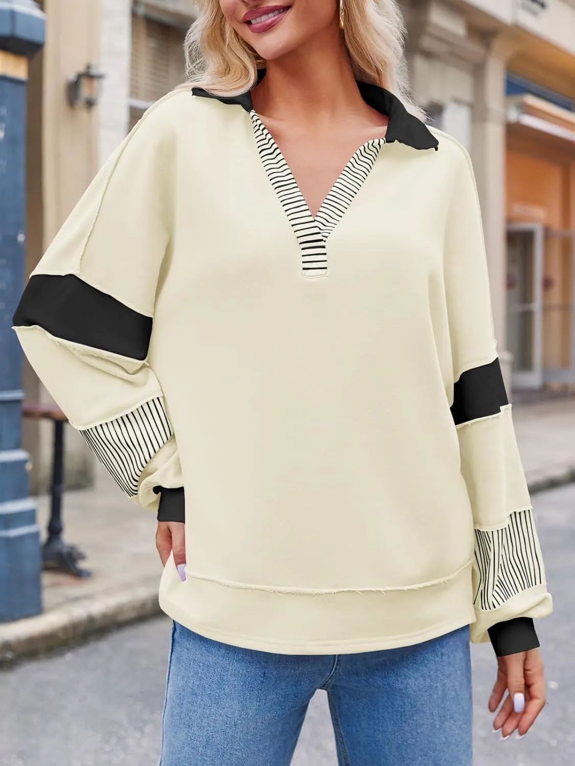 Fisoew Womens Color Block Oversized Sweatshirt V Neck Long Sleeve Casual Loose Pullover Tops