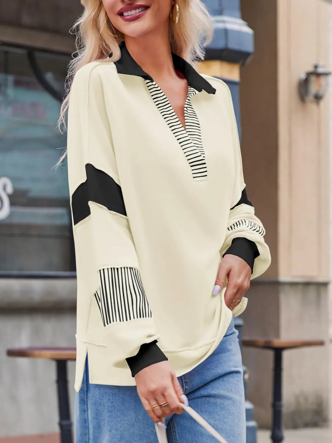 Fisoew Womens Color Block Oversized Sweatshirt V Neck Long Sleeve Casual Loose Pullover Tops