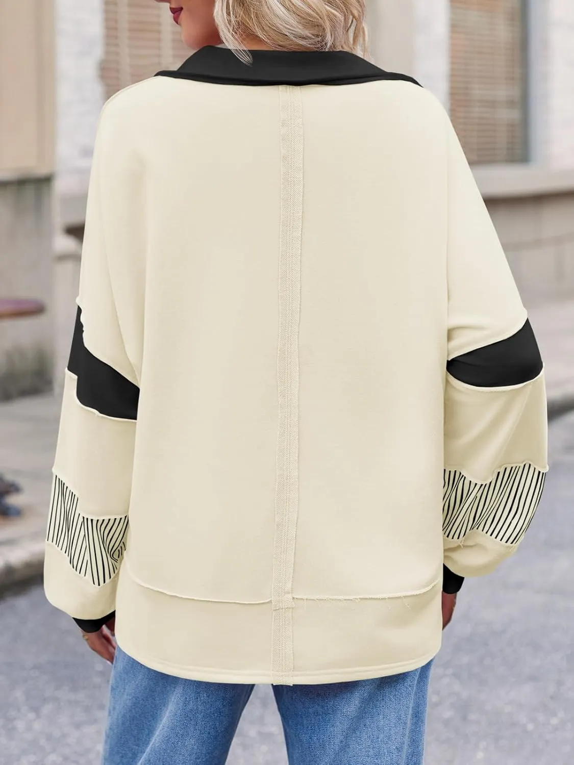 Fisoew Womens Color Block Oversized Sweatshirt V Neck Long Sleeve Casual Loose Pullover Tops