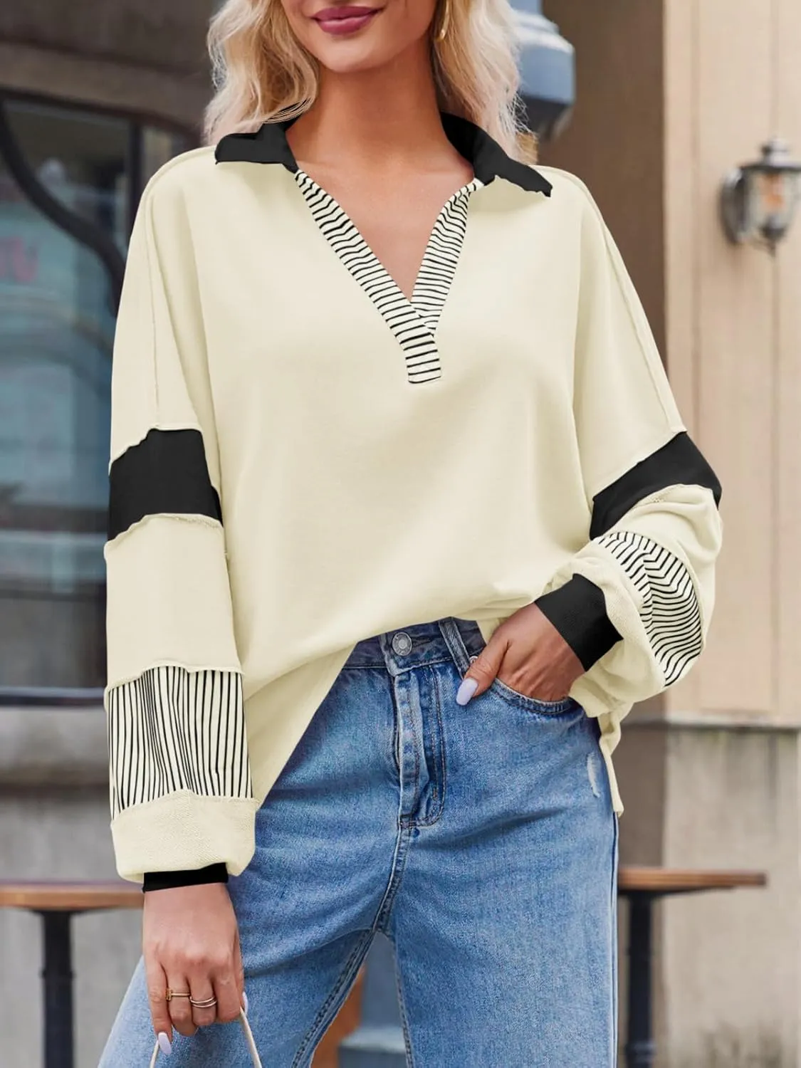 Fisoew Womens Color Block Oversized Sweatshirt V Neck Long Sleeve Casual Loose Pullover Tops