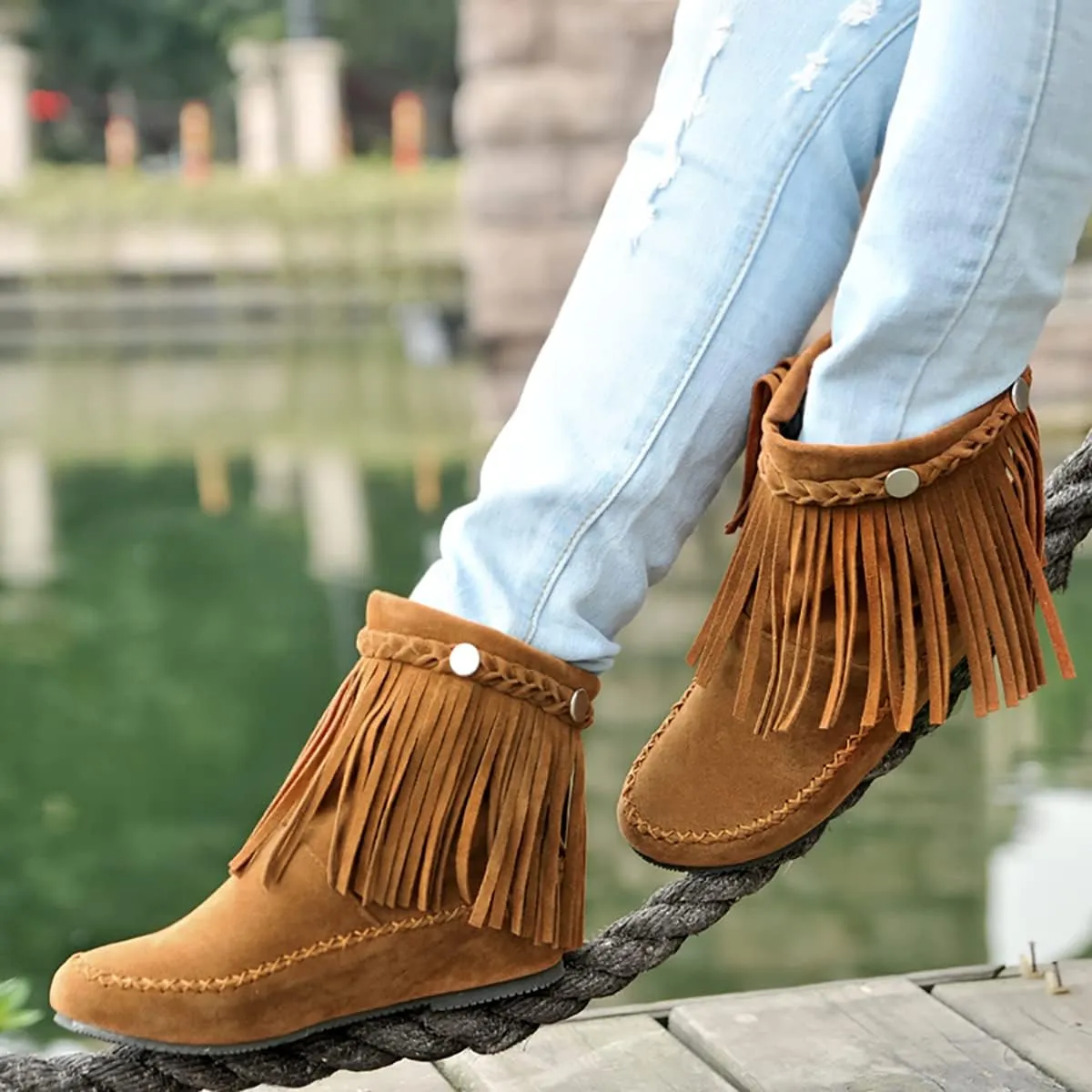Flat Fringe Ankle Boots Cowgirl Western Tassel Booties Women Retro Vintage Low Heel Round Toe Pull On Short Boots