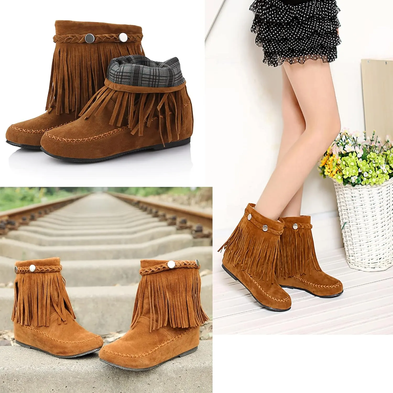 Flat Fringe Ankle Boots Cowgirl Western Tassel Booties Women Retro Vintage Low Heel Round Toe Pull On Short Boots