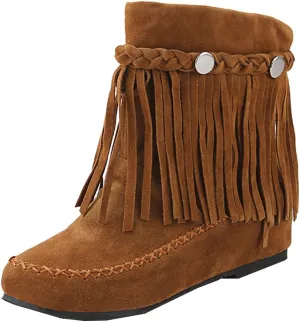 Flat Fringe Ankle Boots Cowgirl Western Tassel Booties Women Retro Vintage Low Heel Round Toe Pull On Short Boots