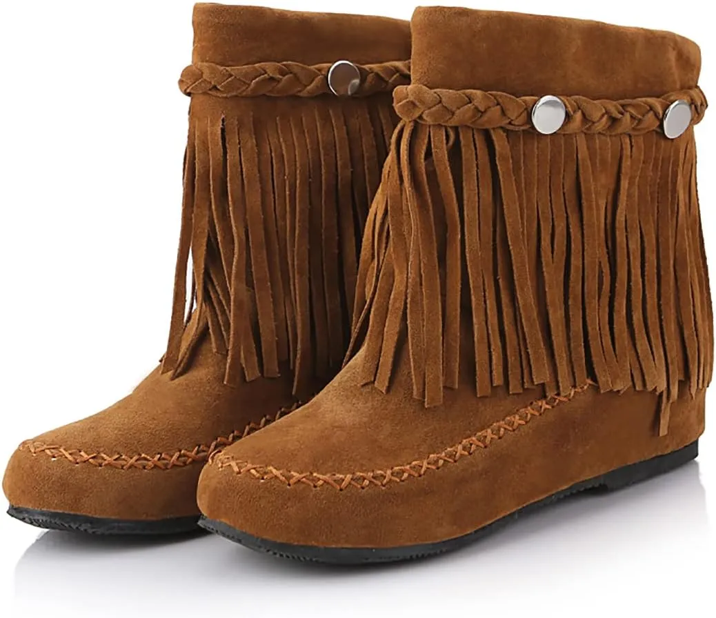 Flat Fringe Ankle Boots Cowgirl Western Tassel Booties Women Retro Vintage Low Heel Round Toe Pull On Short Boots
