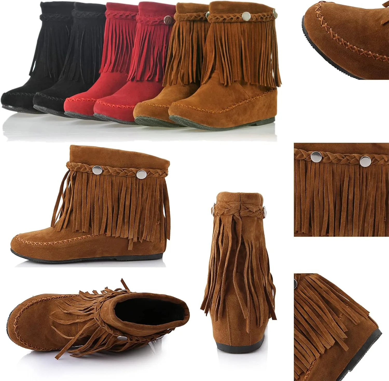 Flat Fringe Ankle Boots Cowgirl Western Tassel Booties Women Retro Vintage Low Heel Round Toe Pull On Short Boots