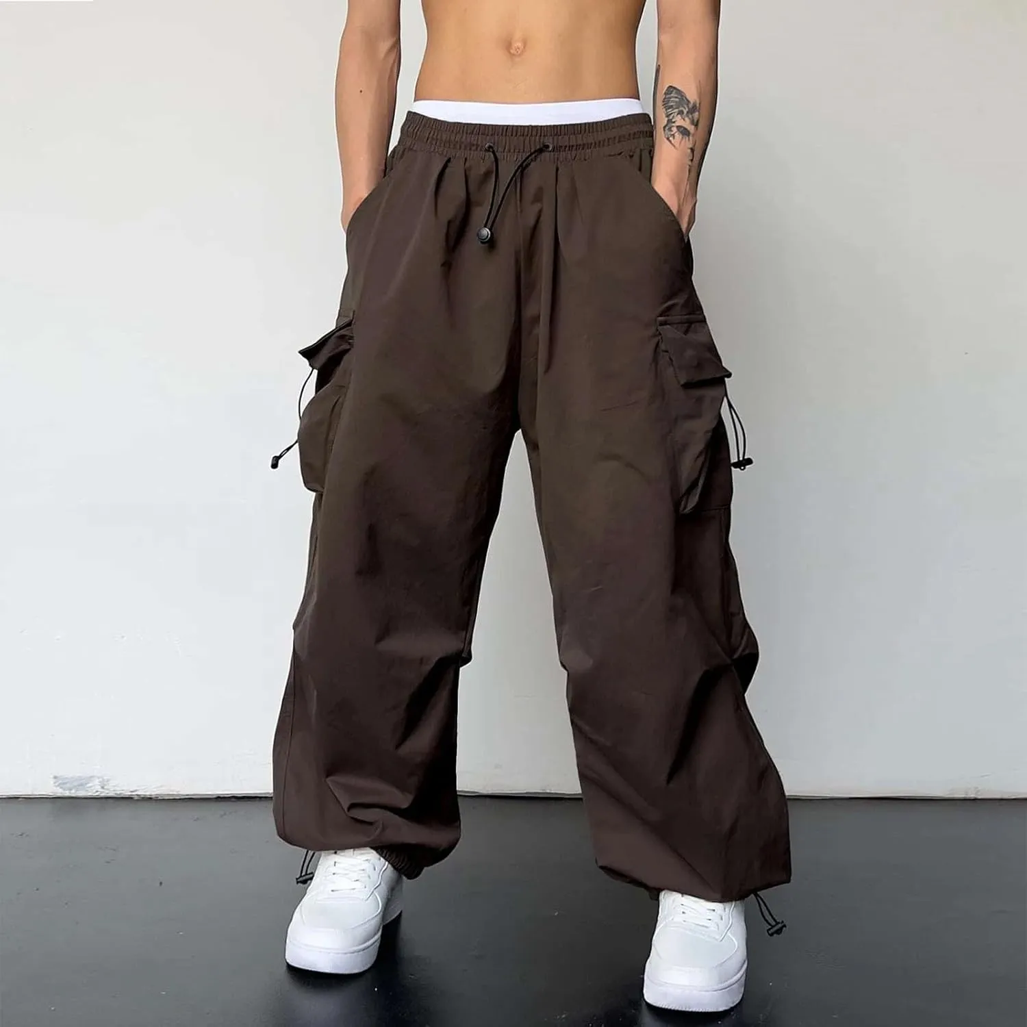 Flat Pocket Parachute Pants for Men Casual Baggy Cargo Pants Unisex Street Pants Drawstring Trousers