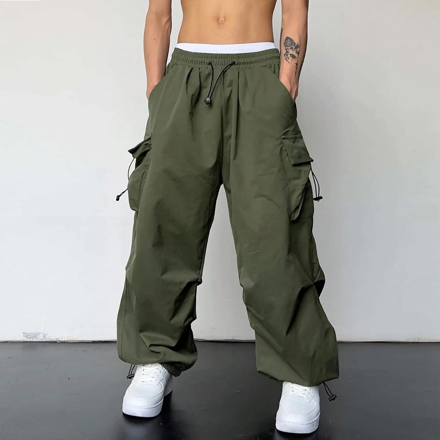 Flat Pocket Parachute Pants for Men Casual Baggy Cargo Pants Unisex Street Pants Drawstring Trousers