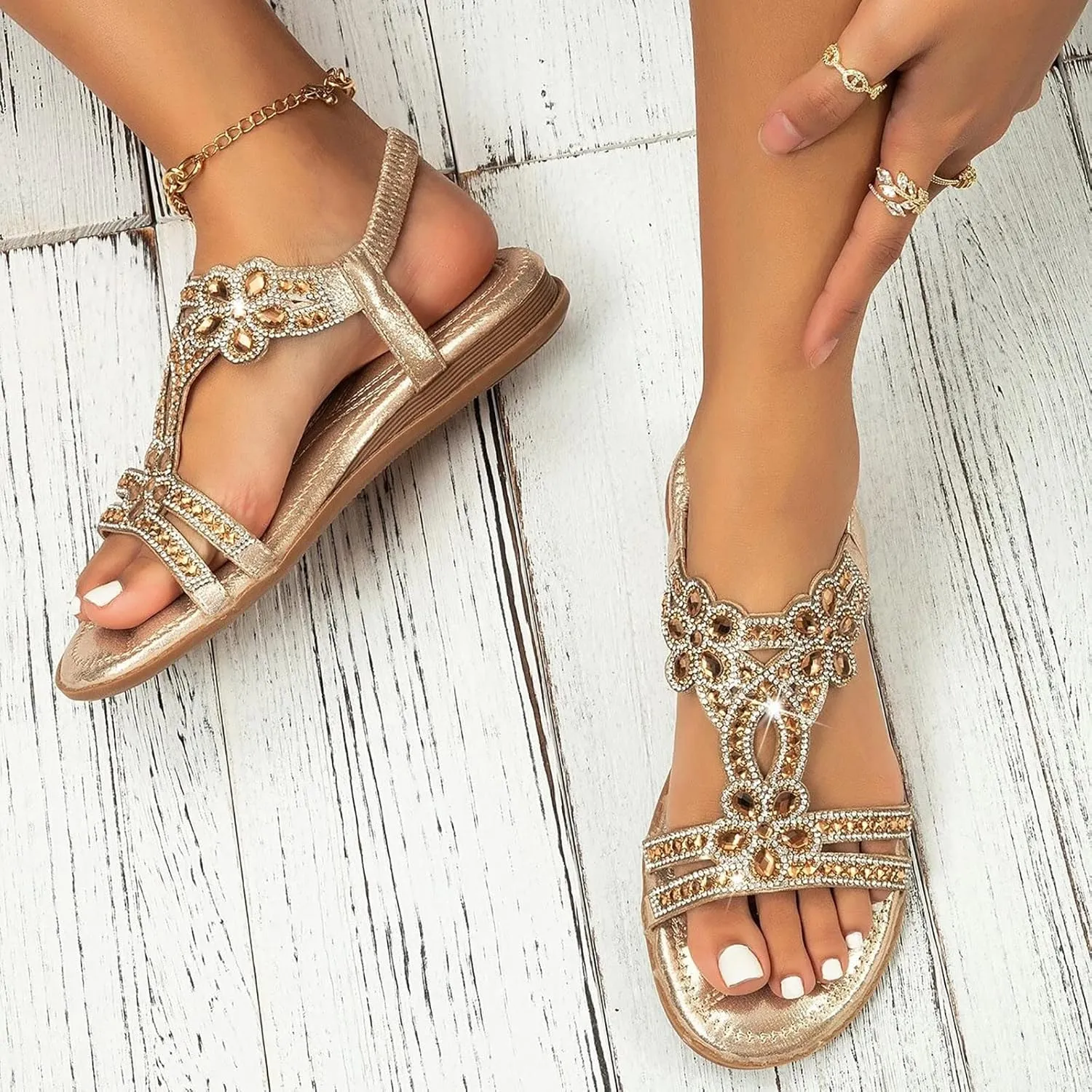 Flat Sandals for Women Dressy,Women's T-Strap Beaded Flower Rhinestone Sandals for Women Comfortable Bohemian Summer Beach Sandals Slip-on Flat Walking Orthopedic Sandals Thong Sandals