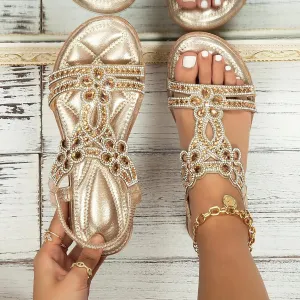 Flat Sandals for Women Dressy,Women's T-Strap Beaded Flower Rhinestone Sandals for Women Comfortable Bohemian Summer Beach Sandals Slip-on Flat Walking Orthopedic Sandals Thong Sandals