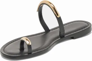Flat Sandals for Women Metallic Toe Ring Slippers with Strap Comfortable Open Toe Summer Beach Flats Shoes