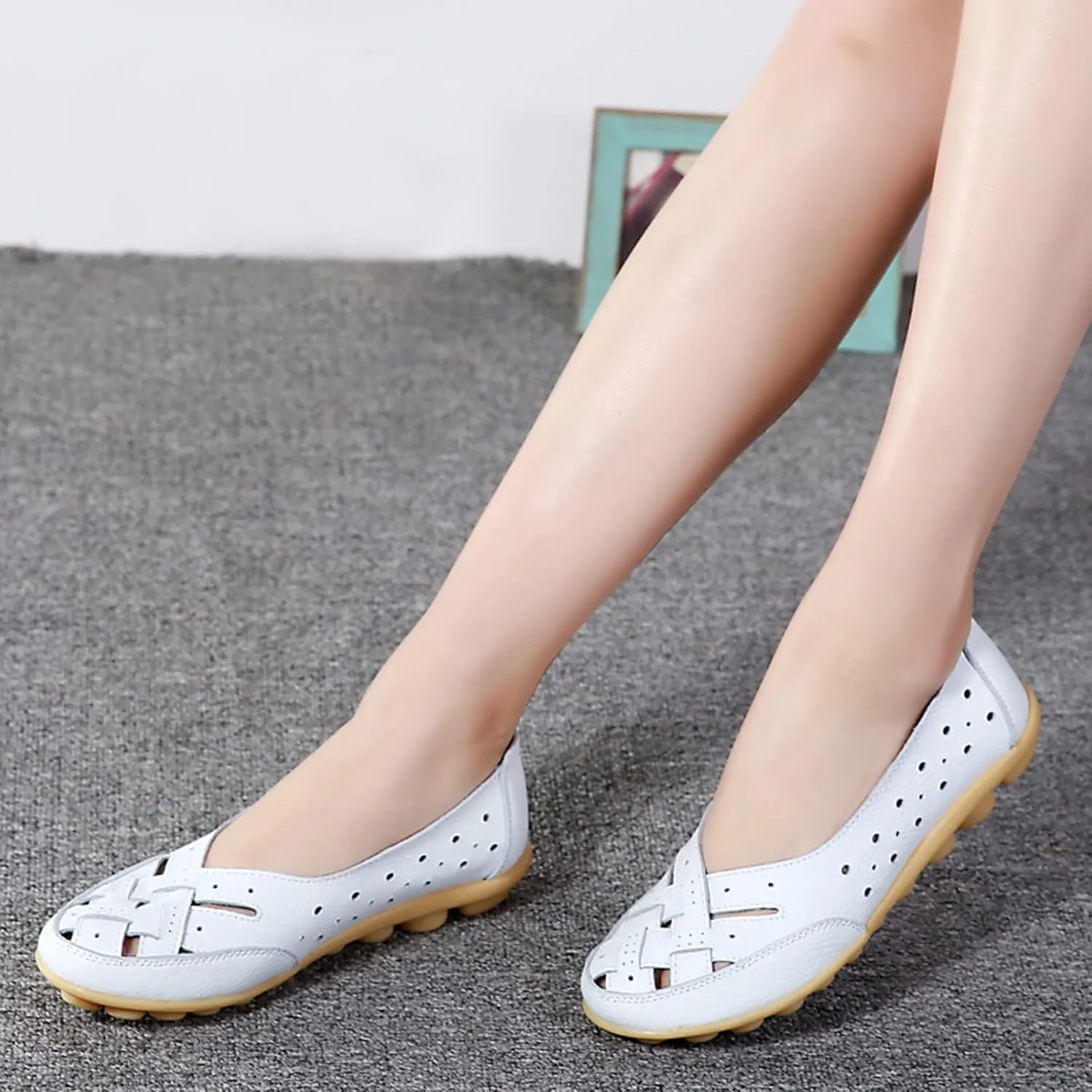 Flats Loafers Women's Slip-On Flats Sandals Casual Leather Shoes Breathable Cutout Sandals Casual Walking Loafers