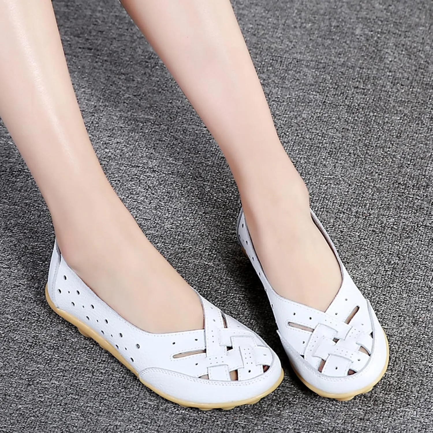 Flats Loafers Women's Slip-On Flats Sandals Casual Leather Shoes Breathable Cutout Sandals Casual Walking Loafers