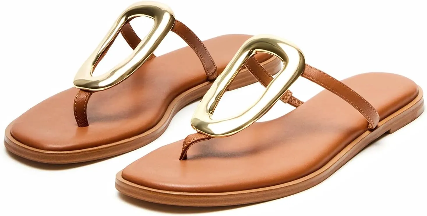 Flip-Flops for Women Thong Sandals Flat Black Slip on Slides Leather Beach Comfort Open Square Toe Ladies Slipper Dressy Metal Hardware Decoration Summer Shoes Casual Fashion