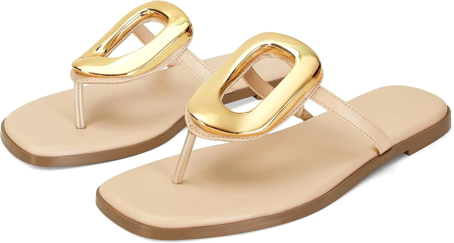 Flip-Flops for Women Thong Sandals Flat Black Slip on Slides Leather Beach Comfort Open Square Toe Ladies Slipper Dressy Metal Hardware Decoration Summer Shoes Casual Fashion