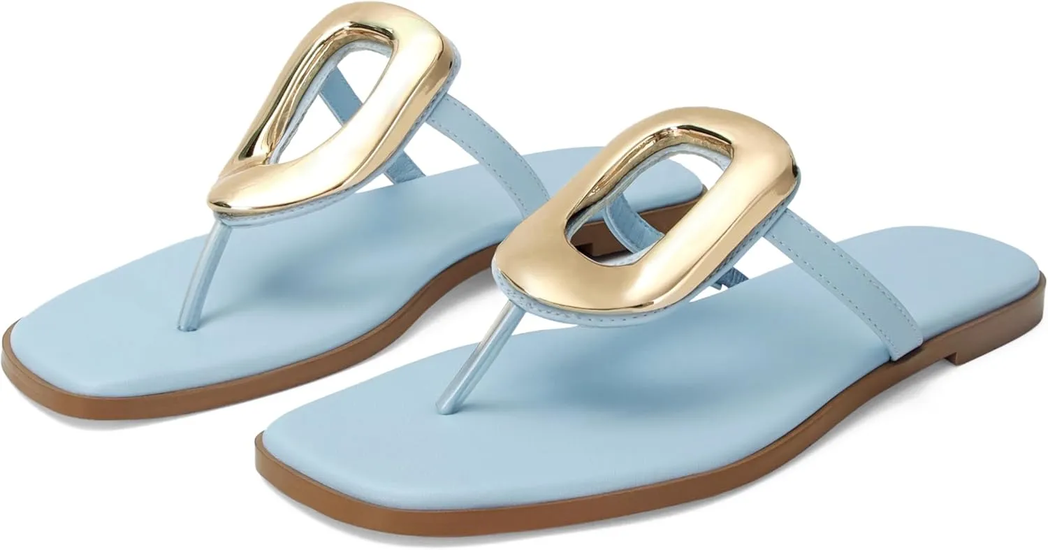 Flip-Flops for Women Thong Sandals Flat Black Slip on Slides Leather Beach Comfort Open Square Toe Ladies Slipper Dressy Metal Hardware Decoration Summer Shoes Casual Fashion