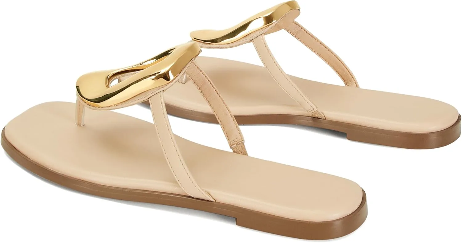 Flip-Flops for Women Thong Sandals Flat Black Slip on Slides Leather Beach Comfort Open Square Toe Ladies Slipper Dressy Metal Hardware Decoration Summer Shoes Casual Fashion