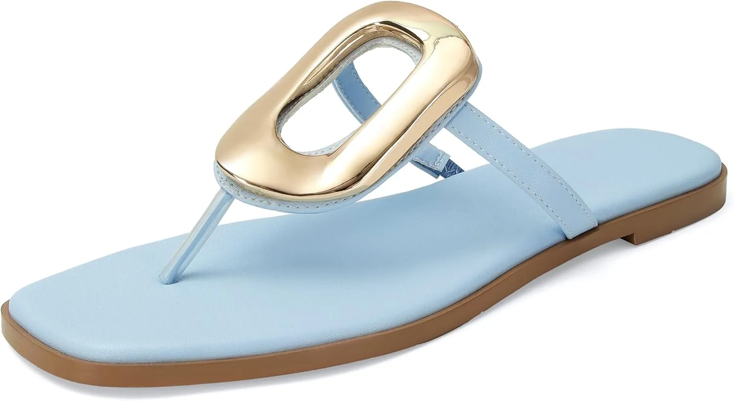 Flip-Flops for Women Thong Sandals Flat Black Slip on Slides Leather Beach Comfort Open Square Toe Ladies Slipper Dressy Metal Hardware Decoration Summer Shoes Casual Fashion