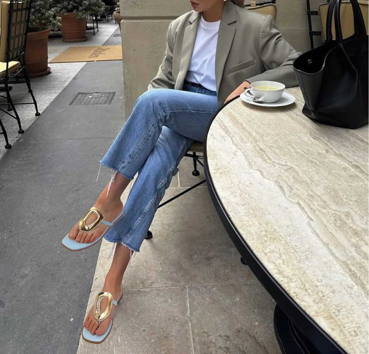 Flip-Flops for Women Thong Sandals Flat Black Slip on Slides Leather Beach Comfort Open Square Toe Ladies Slipper Dressy Metal Hardware Decoration Summer Shoes Casual Fashion