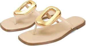 Flip-Flops for Women Thong Sandals Flat Black Slip on Slides Leather Beach Comfort Open Square Toe Ladies Slipper Dressy Metal Hardware Decoration Summer Shoes Casual Fashion