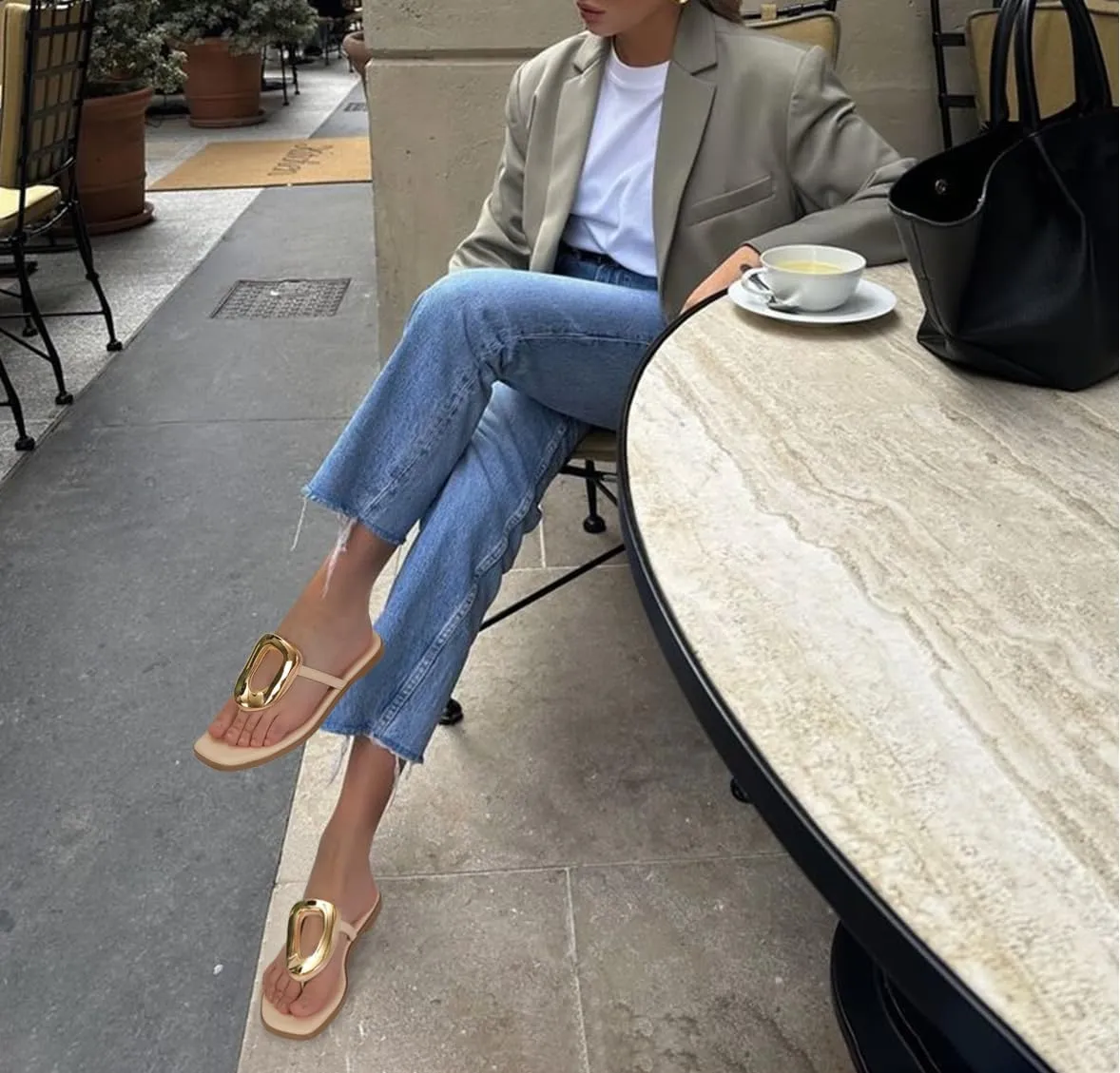 Flip-Flops for Women Thong Sandals Flat Black Slip on Slides Leather Beach Comfort Open Square Toe Ladies Slipper Dressy Metal Hardware Decoration Summer Shoes Casual Fashion