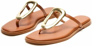 Flip-Flops for Women Thong Sandals Flat Black Slip on Slides Leather Beach Comfort Open Square Toe Ladies Slipper Dressy Metal Hardware Decoration Summer Shoes Casual Fashion
