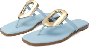 Flip-Flops for Women Thong Sandals Flat Black Slip on Slides Leather Beach Comfort Open Square Toe Ladies Slipper Dressy Metal Hardware Decoration Summer Shoes Casual Fashion