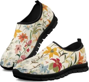 Flowers Casual House Shoes Breathable Mesh Sneakers for Women Comfort Soft Anti-Slip Shock Absorption EVA Sole Hiking Shoes for Outdoor Size 5.5-11.5 Black Sole