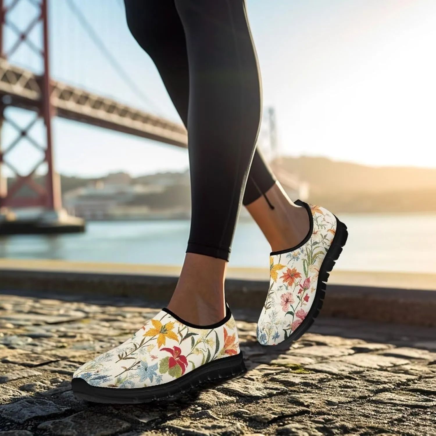 Flowers Casual House Shoes Breathable Mesh Sneakers for Women Comfort Soft Anti-Slip Shock Absorption EVA Sole Hiking Shoes for Outdoor Size 5.5-11.5 Black Sole