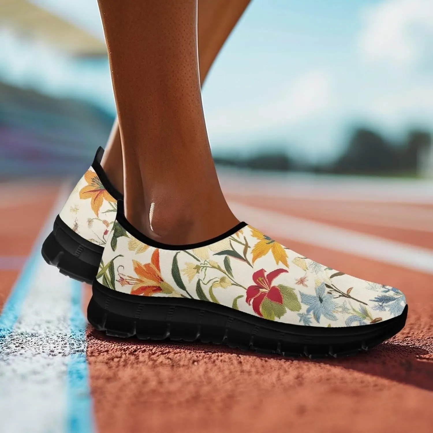 Flowers Casual House Shoes Breathable Mesh Sneakers for Women Comfort Soft Anti-Slip Shock Absorption EVA Sole Hiking Shoes for Outdoor Size 5.5-11.5 Black Sole