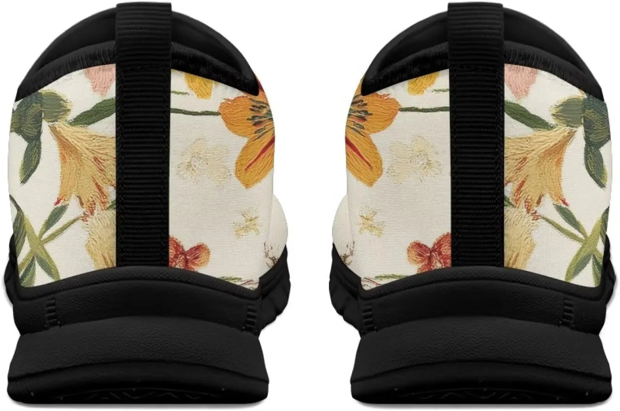Flowers Casual House Shoes Breathable Mesh Sneakers for Women Comfort Soft Anti-Slip Shock Absorption EVA Sole Hiking Shoes for Outdoor Size 5.5-11.5 Black Sole