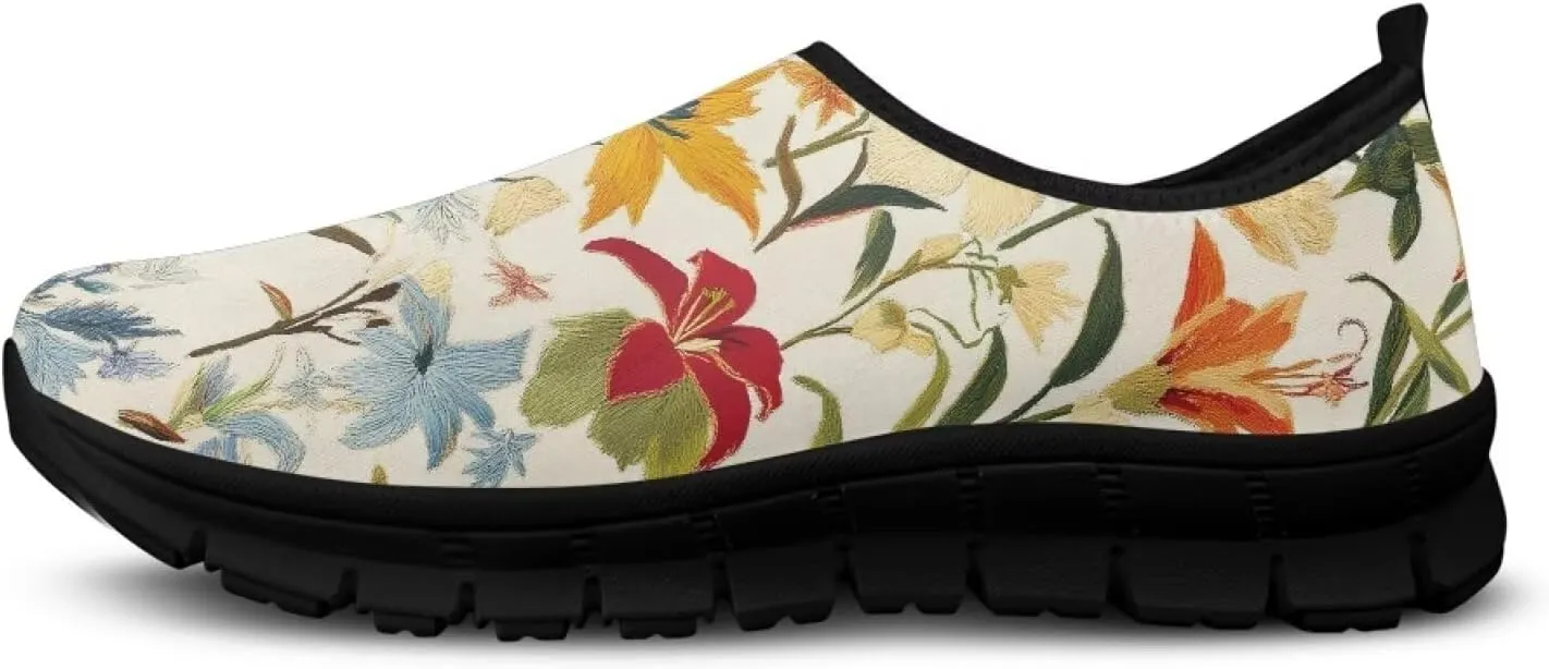 Flowers Casual House Shoes Breathable Mesh Sneakers for Women Comfort Soft Anti-Slip Shock Absorption EVA Sole Hiking Shoes for Outdoor Size 5.5-11.5 Black Sole