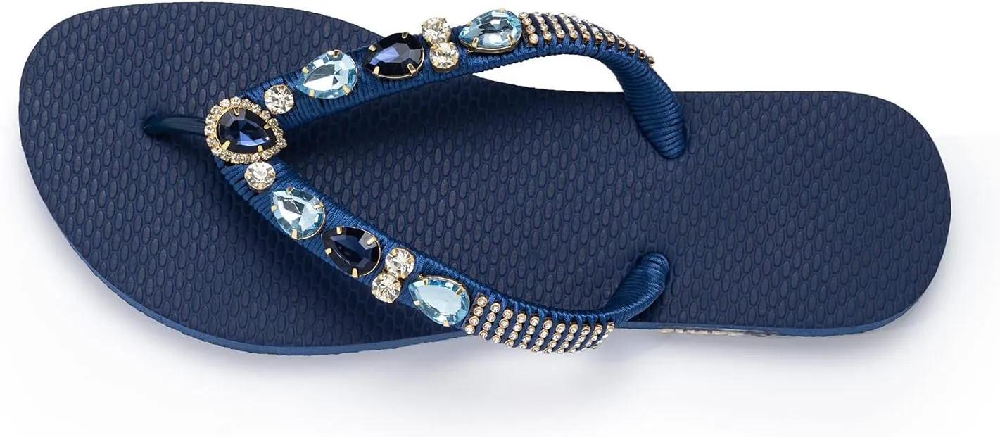 Flurrty Women's Sandals Rhinestones Flip Flops Hand Made From Brazil Jeweled Sandals - 6-10 Sizes Blue Navy Summer Casual Beach Flat with Multicolor - Copacabana