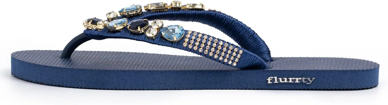 Flurrty Women's Sandals Rhinestones Flip Flops Hand Made From Brazil Jeweled Sandals - 6-10 Sizes Blue Navy Summer Casual Beach Flat with Multicolor - Copacabana