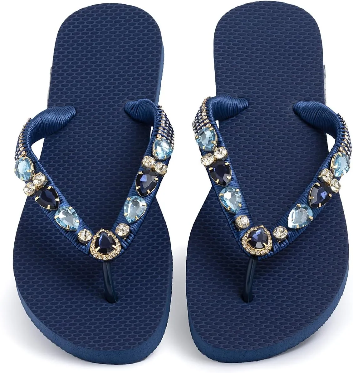 Flurrty Women's Sandals Rhinestones Flip Flops Hand Made From Brazil Jeweled Sandals - 6-10 Sizes Blue Navy Summer Casual Beach Flat with Multicolor - Copacabana