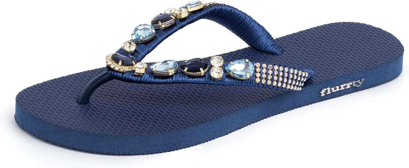 Flurrty Women's Sandals Rhinestones Flip Flops Hand Made From Brazil Jeweled Sandals - 6-10 Sizes Blue Navy Summer Casual Beach Flat with Multicolor - Copacabana